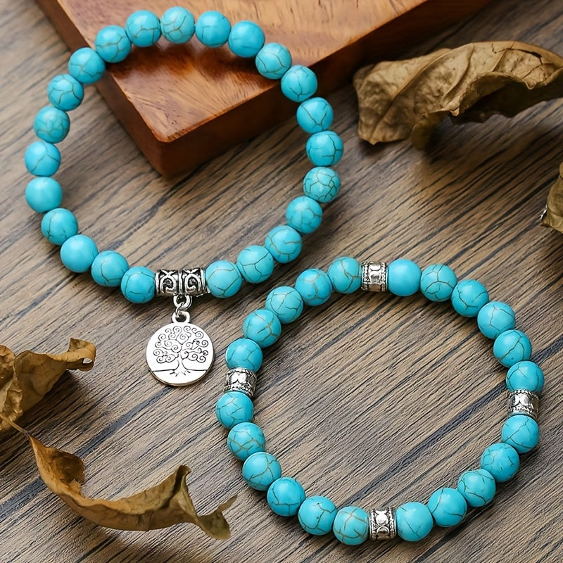 1 Ensemble Bracelet Arbre de la Sagesse en Turquoise Vintage Naturelle de Haute Qualité 8mm