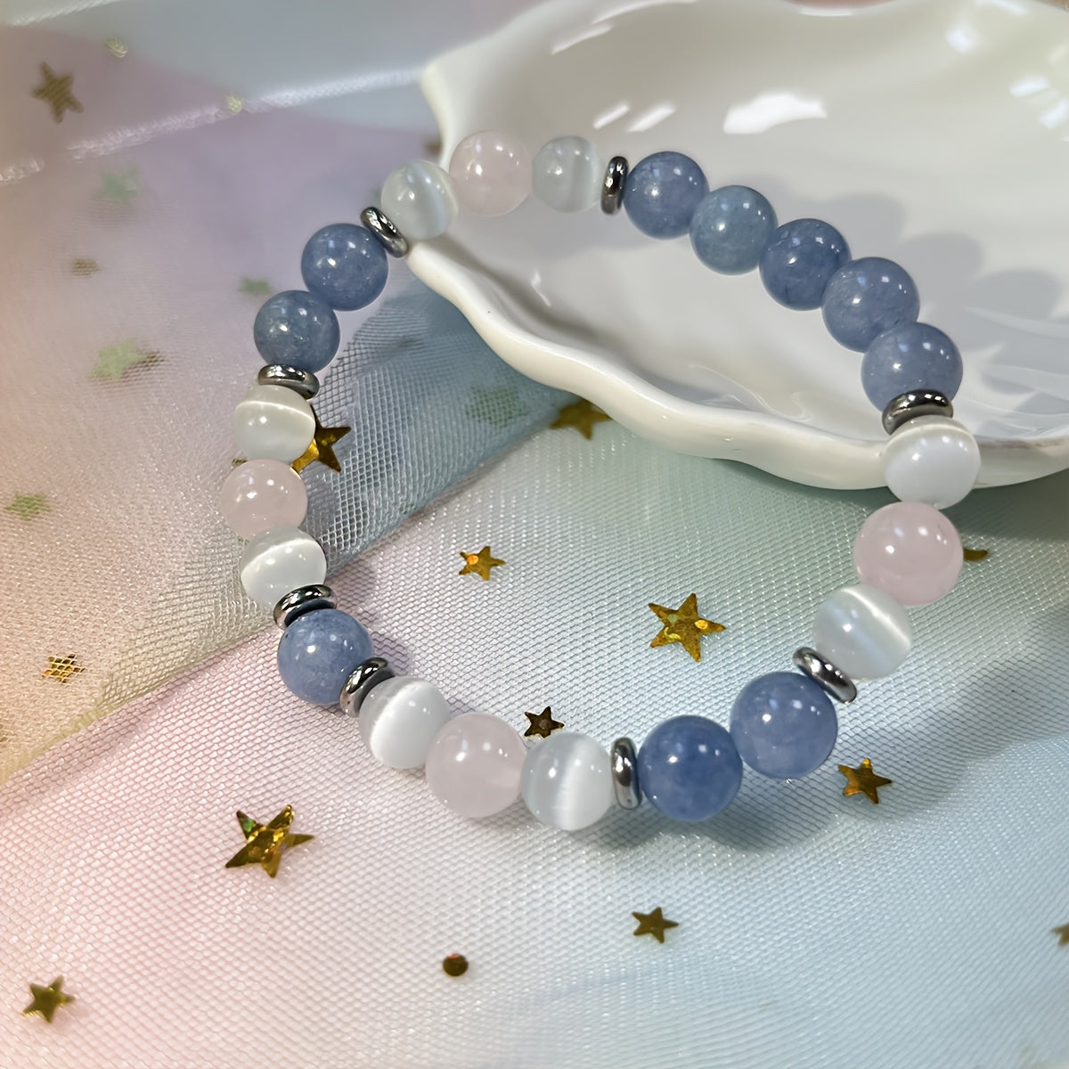 Bracelet Reiki 8mm en Pierre Naturelle - Perles rondes en Aigue-marine, Quartz Rose et Sélénite - Bijou Bohème pour la Paix Intérieure, l'Amour et le Courage - Accessoire de Mode Féminin - Cadeau de Fête, Saint-Valentin ou Fête des Mères