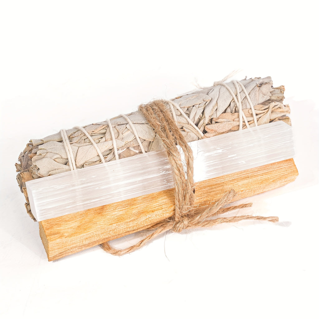 Cristaux naturels, sauge blanche et bois de Palo Santo, idéals pour le nettoyage domestique. Cadeau parfait offert aux parents ou amis, présentés dans une écrin célébrant les fêtes du Nouvel An, camping , décoration jardin, dîner romanesque au clair-de-lu