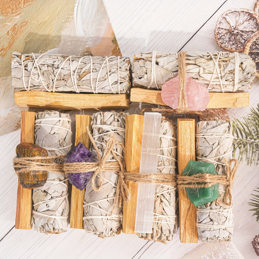 Cristaux naturels, sauge blanche et bois de Palo Santo, idéals pour le nettoyage domestique. Cadeau parfait offert aux parents ou amis, présentés dans une écrin célébrant les fêtes du Nouvel An, camping , décoration jardin, dîner romanesque au clair-de-lu