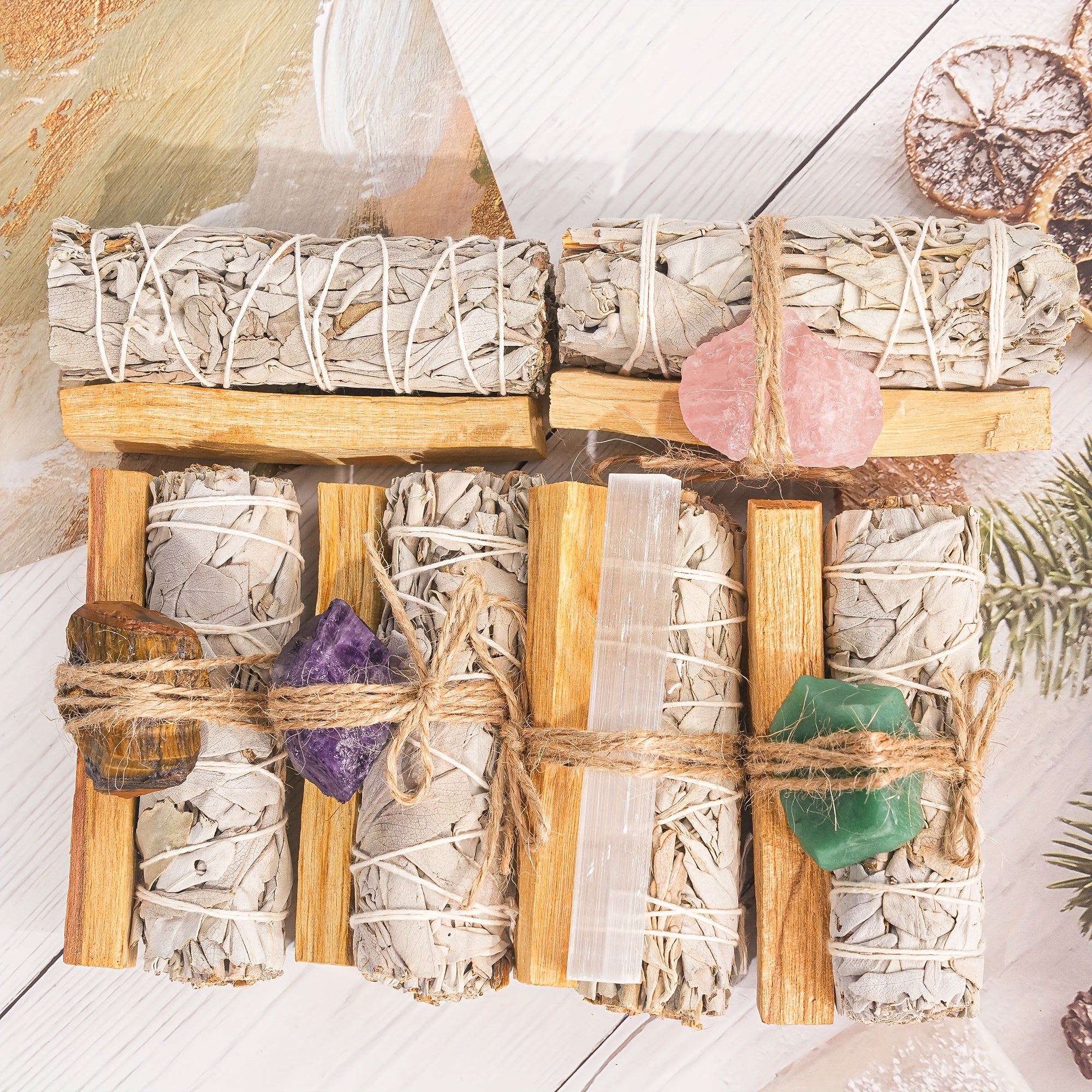 Cristaux naturels, sauge blanche et bois de Palo Santo, idéals pour le nettoyage domestique. Cadeau parfait offert aux parents ou amis, présentés dans une écrin célébrant les fêtes du Nouvel An, camping , décoration jardin, dîner romanesque au clair-de-lu