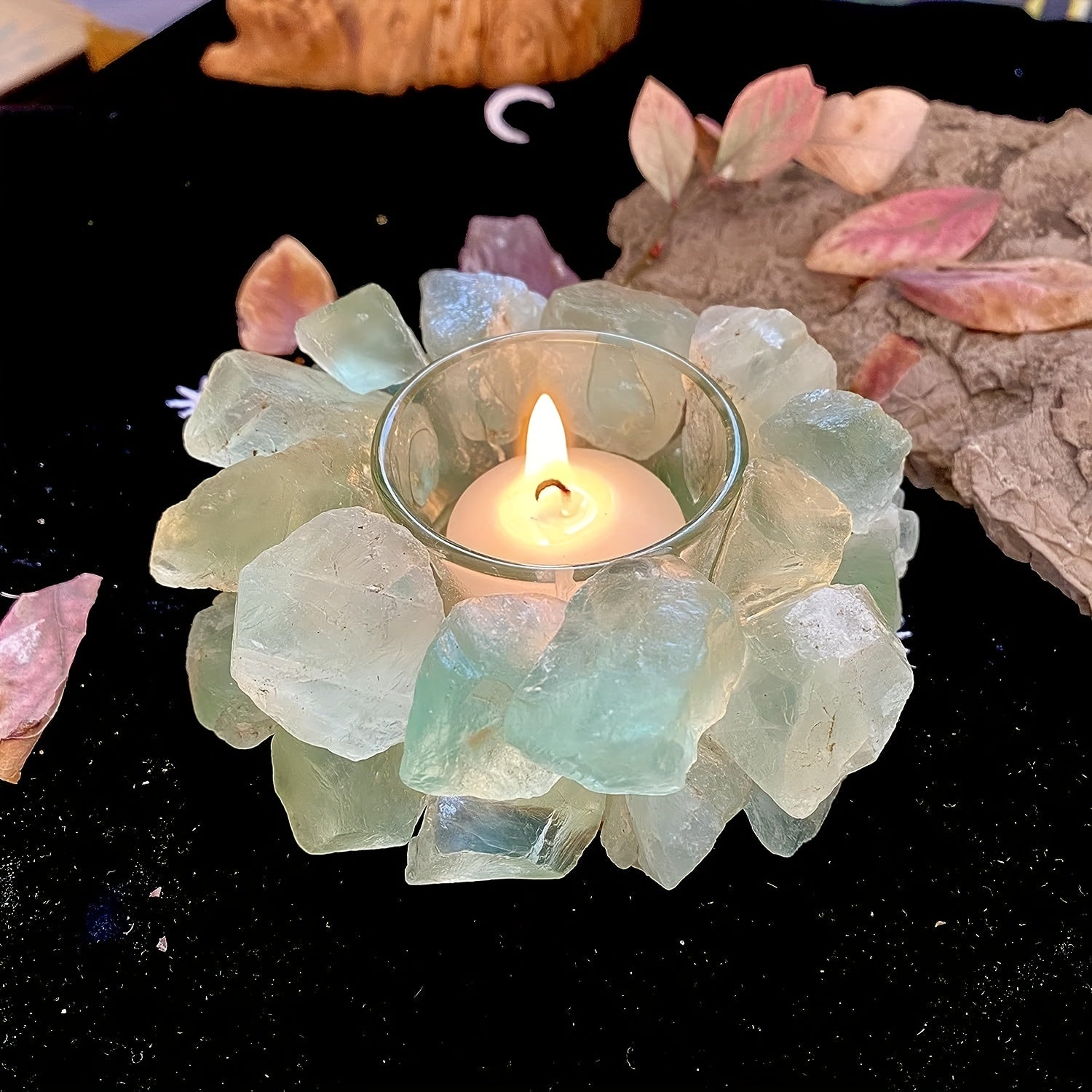 1pc Porte-Bougie Votive en Pierre Brute de Quartz Rose/ Fluorite Verte/ Citrine Porte-Bougie à Thé en Cristal de Quartz Décoration Maison