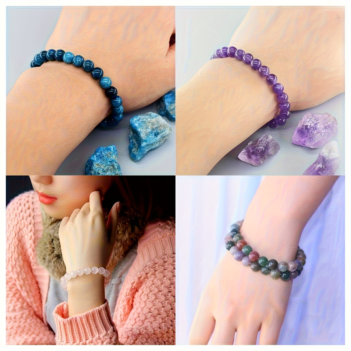 4 Bracelets en Pierre Naturelle - Style Bohème Élégant avec Quartz Bleu, Améthyste et Rose Quartz | Idéal pour Tenue Décontractée ou Cadeau | Finition Polie