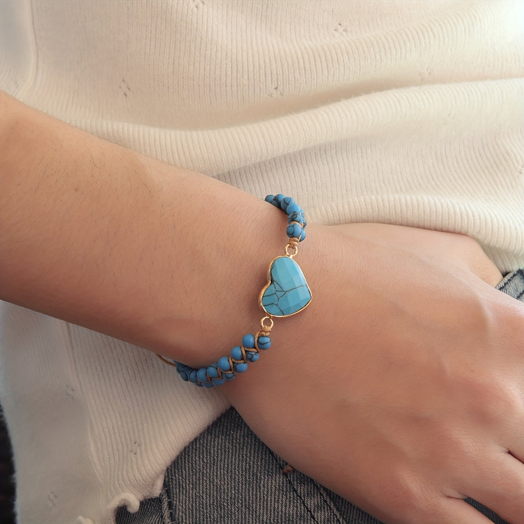 1pc Bracelet Bohème Tressé en Pierre de Turquoise Naturelle avec Pendentif Cœur Doré - Bijou Unisexe pour Femmes & Hommes, Port Quotidien et Vacances, Cadeau Unique pour Anniversaires, Fêtes