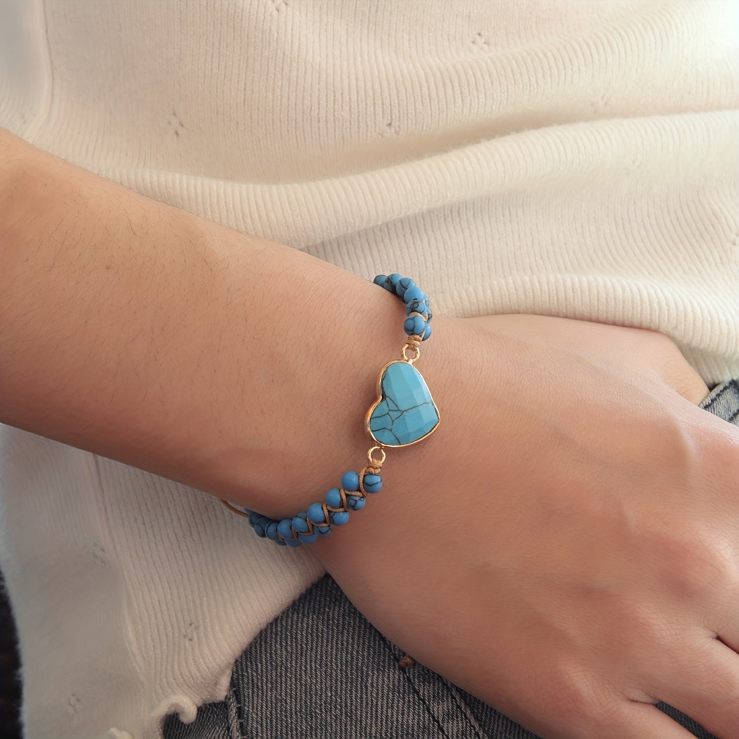 1pc Bracelet Bohème Tressé en Pierre de Turquoise Naturelle avec Pendentif Cœur Doré - Bijou Unisexe pour Femmes & Hommes, Port Quotidien et Vacances, Cadeau Unique pour Anniversaires, Fêtes