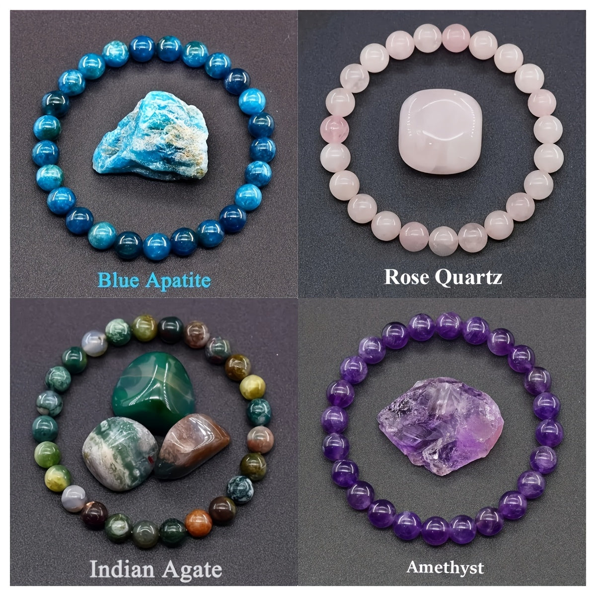 4 Bracelets en Pierre Naturelle - Style Bohème Élégant avec Quartz Bleu, Améthyste et Rose Quartz | Idéal pour Tenue Décontractée ou Cadeau | Finition Polie