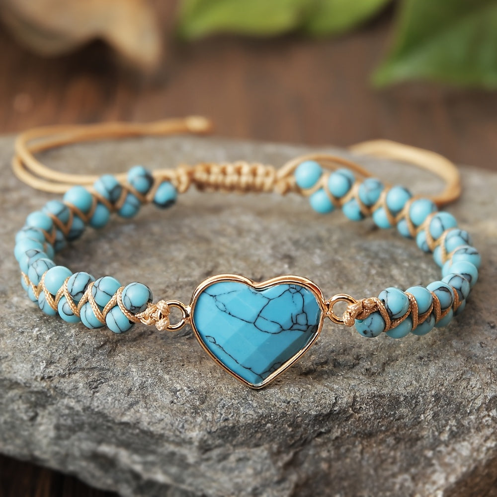 1pc Bracelet Bohème Tressé en Pierre de Turquoise Naturelle avec Pendentif Cœur Doré - Bijou Unisexe pour Femmes & Hommes, Port Quotidien et Vacances, Cadeau Unique pour Anniversaires, Fêtes