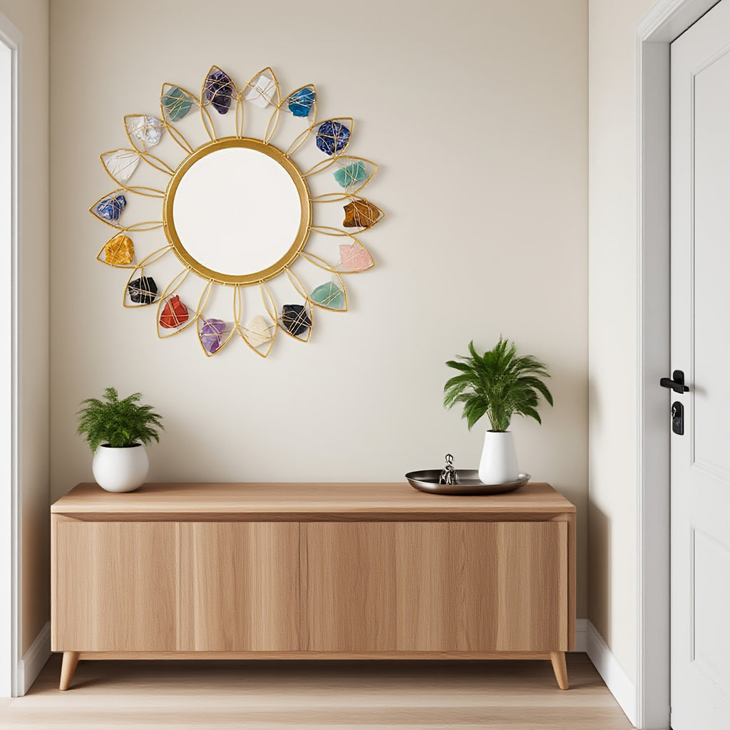 Miroir mural en cristal bohème de 30,48 cm avec pierres naturelles - Grand design rond rayonnant dans les couleurs rose, clair, violet, noir, marron, rouge, blanc, gris et beige - Décoration fermière pour salon, chambre à coucher ou entrée - Cadeau élégan