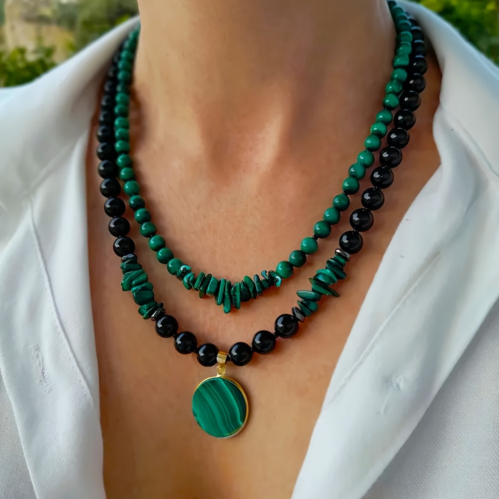 2 colliers en malachite et agate noire à double épaisseur pour femmes, bijoux artisanaux avec pendentif en pierre naturelle et perles multibrins, cadeau d'anniversaire pour maman