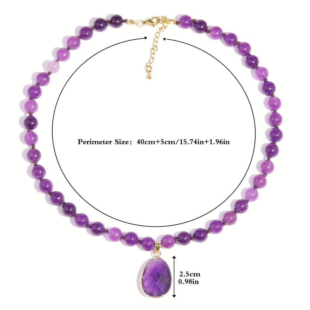 1pc Collier pendentif en améthyste naturel avec perles rondes - Style vintage bohème, bijoux en pierre violette pour femmes, cadeau quotidien idéal, collier bohème chic | Collier de style vintage | Perles en pierre naturelle, bijoux bohème