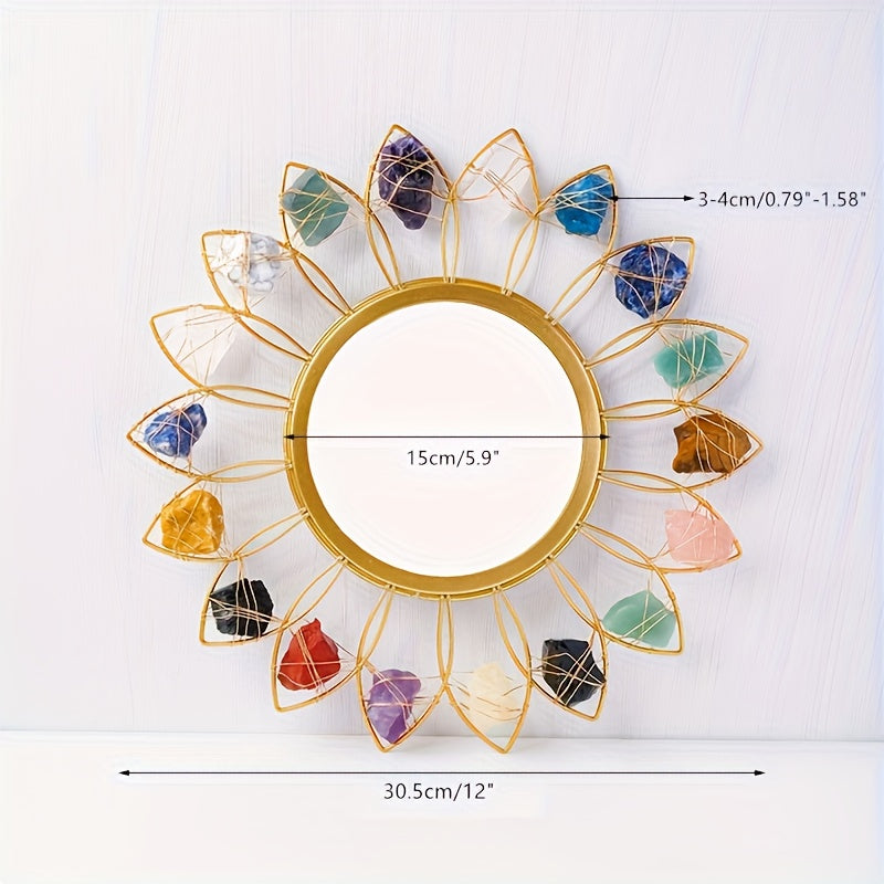 Miroir mural en cristal bohème de 30,48 cm avec pierres naturelles - Grand design rond rayonnant dans les couleurs rose, clair, violet, noir, marron, rouge, blanc, gris et beige - Décoration fermière pour salon, chambre à coucher ou entrée - Cadeau élégan