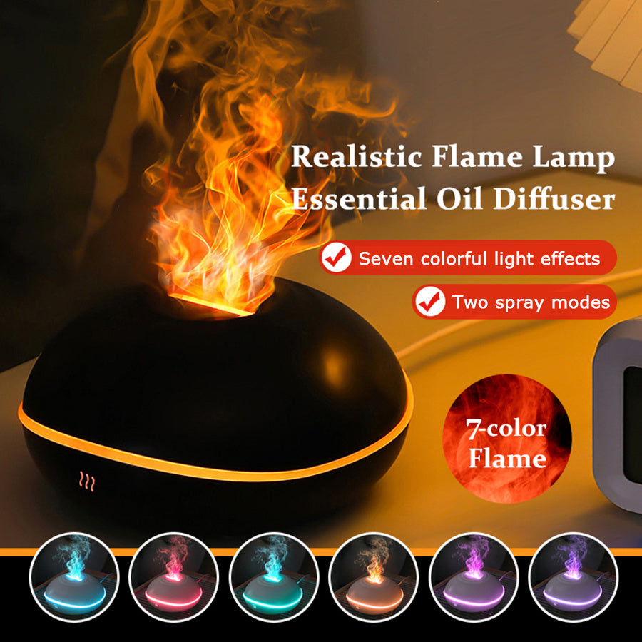 Nouveau humidificateur de bureau à flamme simulée 2025 & diffuseur d'huiles essentielles avec 7 couleurs d'effets d'éclairage ambiant, basse tension (36V), fonctionnement silencieux, 2 options de couleur, alimenté par USB, humidification 300ml/h, moderne