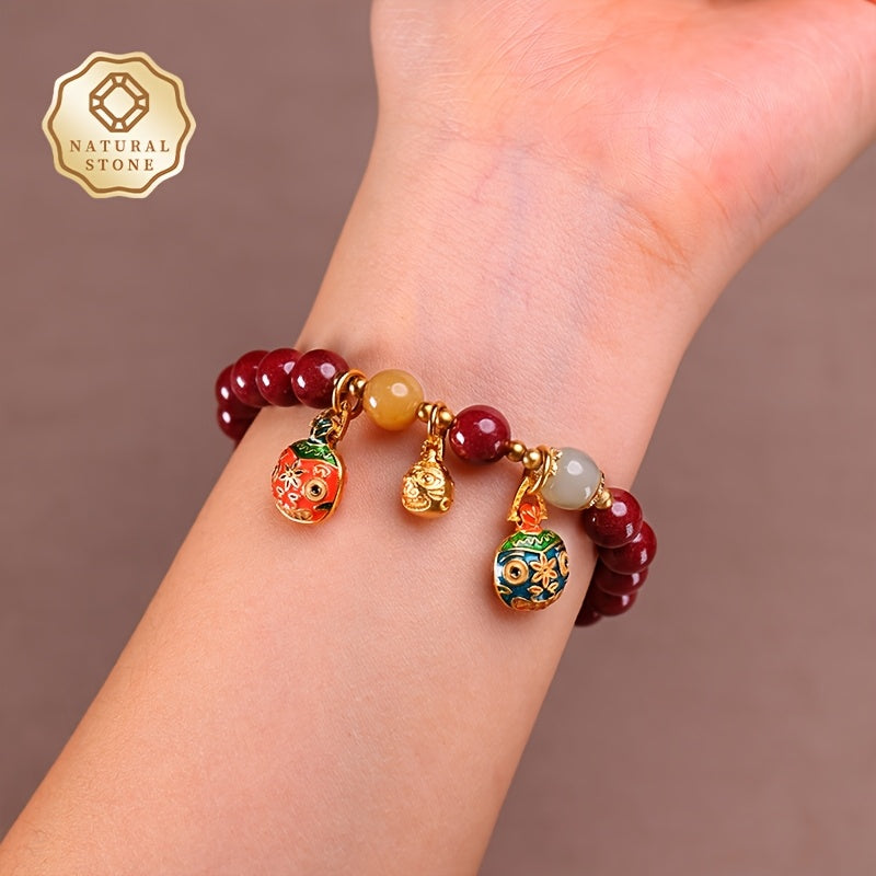 1pièce Bracelet de perles de pierre de cinnabar - 8mm Corde élastique de haute qualité, Bijoux de style chinois vintage avec des perles intriquées et des accents de pierre naturelle, Port quotidien et prêt à offrir, Accessoire polyvalent toutes saisons po