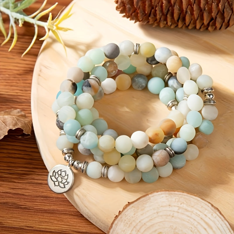 Bracelet mala 108 perles en pierre amazonite, création tribale sans alimentation, packag éthique