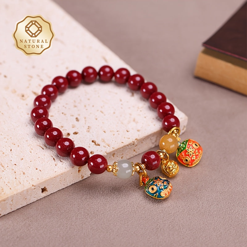 1pièce Bracelet de perles de pierre de cinnabar - 8mm Corde élastique de haute qualité, Bijoux de style chinois vintage avec des perles intriquées et des accents de pierre naturelle, Port quotidien et prêt à offrir, Accessoire polyvalent toutes saisons po