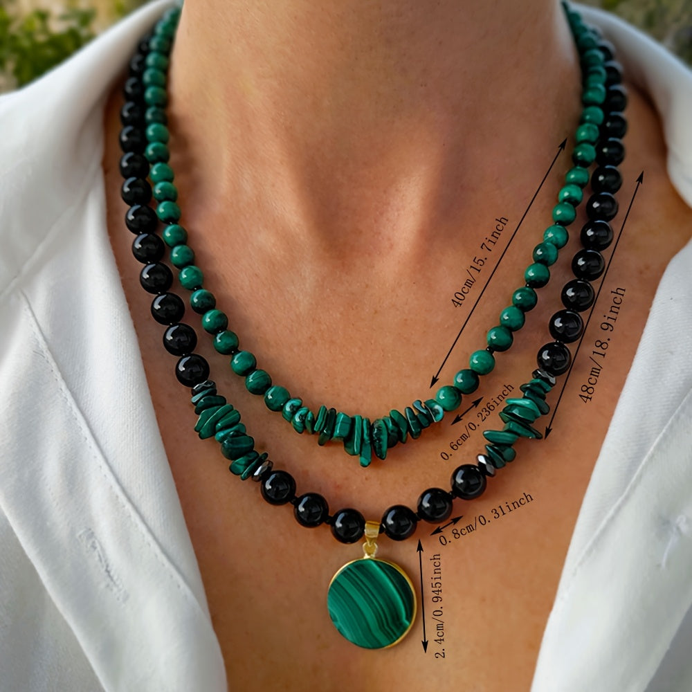 2 colliers en malachite et agate noire à double épaisseur pour femmes, bijoux artisanaux avec pendentif en pierre naturelle et perles multibrins, cadeau d'anniversaire pour maman