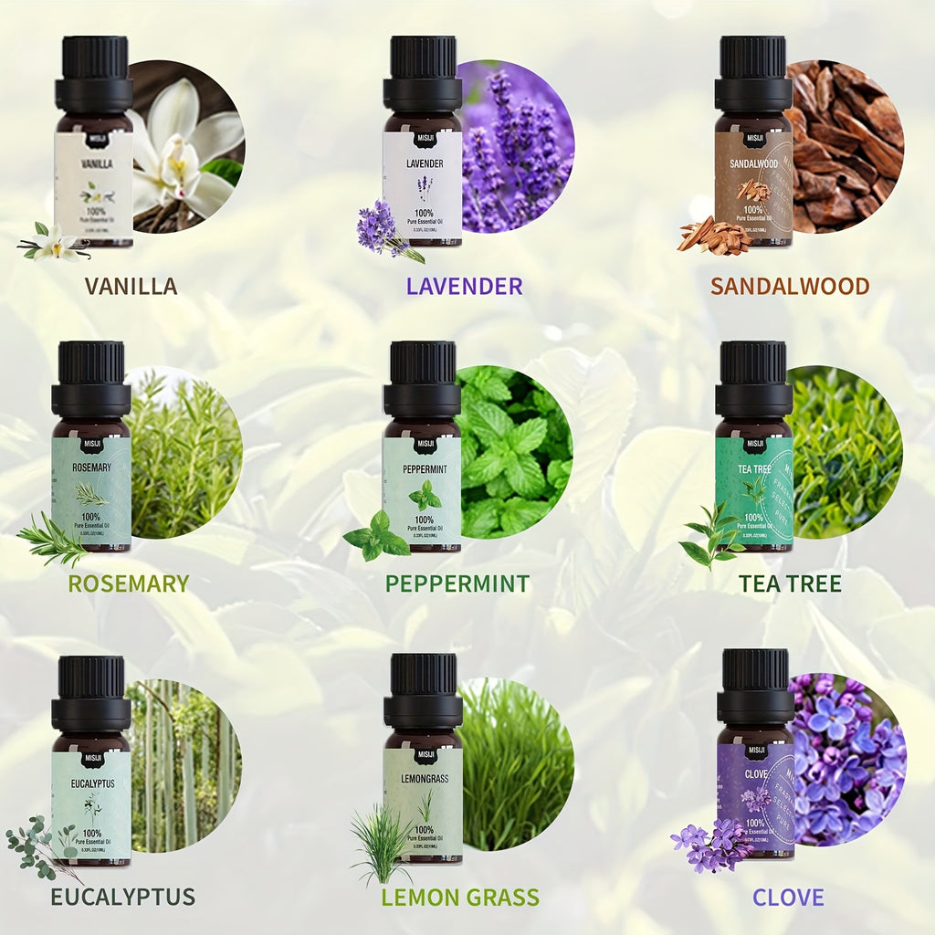 Kit d'Huiles Essentielles Premium avec Diffuseur Humidificateur pour Détente et Sommeil – Lot de 9 Pièces de 10ml/3.04fl.oz – Parfum Agréable pour la Maison – Idéal pour Bougies Parfumées et Savons DIY – Fragrance Longue Durée – Cadeau Parfait pour Hallow