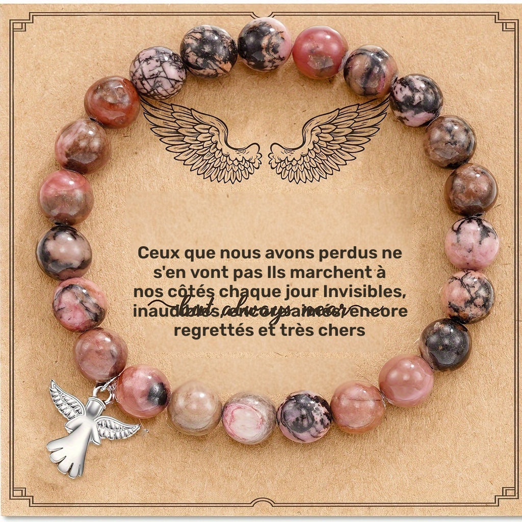 1 pc. Bracelet ailes d'ange inspirant avec perles en pierre naturelle - Agate violette élégante, design classique, accessoire quotidien, cadeau toutes saisons avec perles flottantes, bijoux d'ange