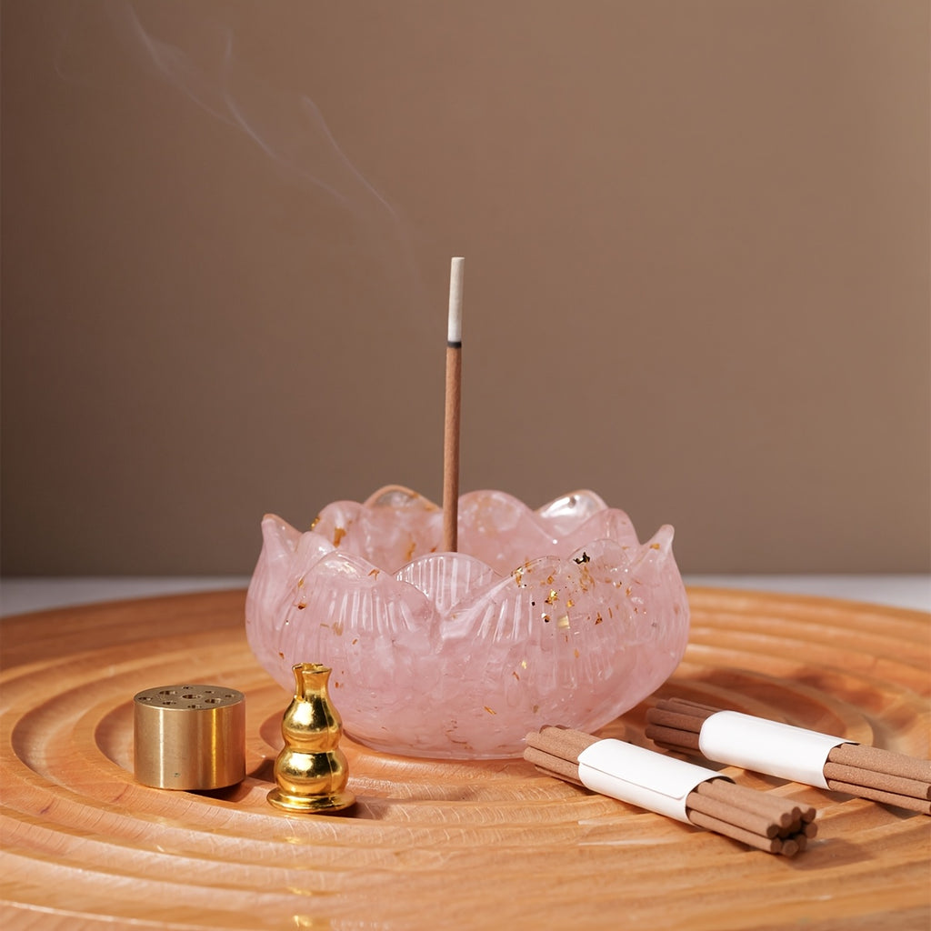 Ensemble de Brûleur d'Encens Lotus Runyangshi Zen avec Pierres de Cristal Naturelles - Décor Polyvalent Intérieur/Extérieur, Parfait pour la Maison & les Cérémonies du Thé, Colle en Gouttelettes, Fissures Irrégulières et Petits Trous