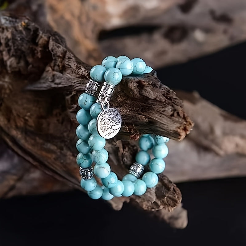 1 Ensemble Bracelet Arbre de la Sagesse en Turquoise Vintage Naturelle de Haute Qualité 8mm