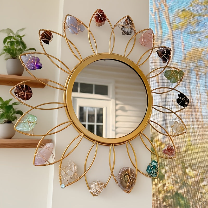 Miroir mural en cristal bohème de 30,48 cm avec pierres naturelles - Grand design rond rayonnant dans les couleurs rose, clair, violet, noir, marron, rouge, blanc, gris et beige - Décoration fermière pour salon, chambre à coucher ou entrée - Cadeau élégan
