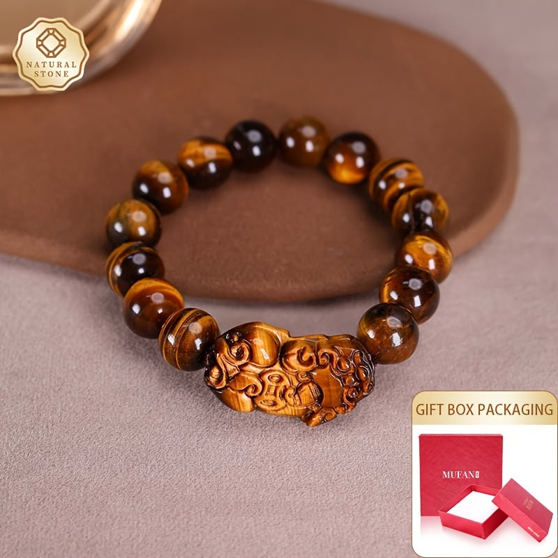 1pc Bracelet Femme en Pierre Œil de Tigre - Effet Marbré Naturel Brun & Doré, Design Élastique avec Perle Tête d'Lion et Pierres Oeil-de-Tigre (12-13mm) - Boîte Cadeau Bijou Elégant Incluse pour Quotidien ou Anniversaire/Célébration Tonaux : Noir/Brun Dor