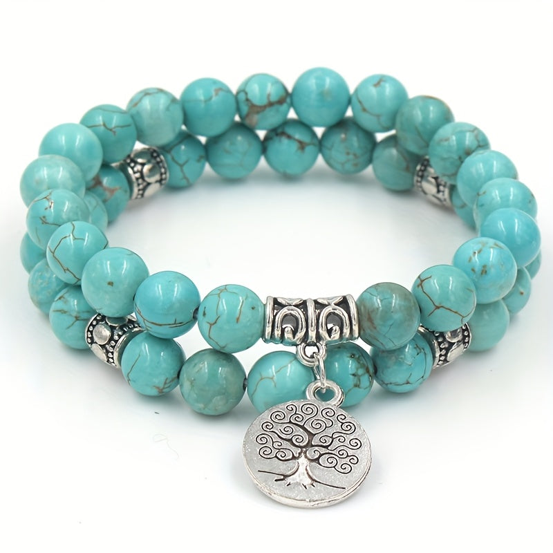 1 Ensemble Bracelet Arbre de la Sagesse en Turquoise Vintage Naturelle de Haute Qualité 8mm