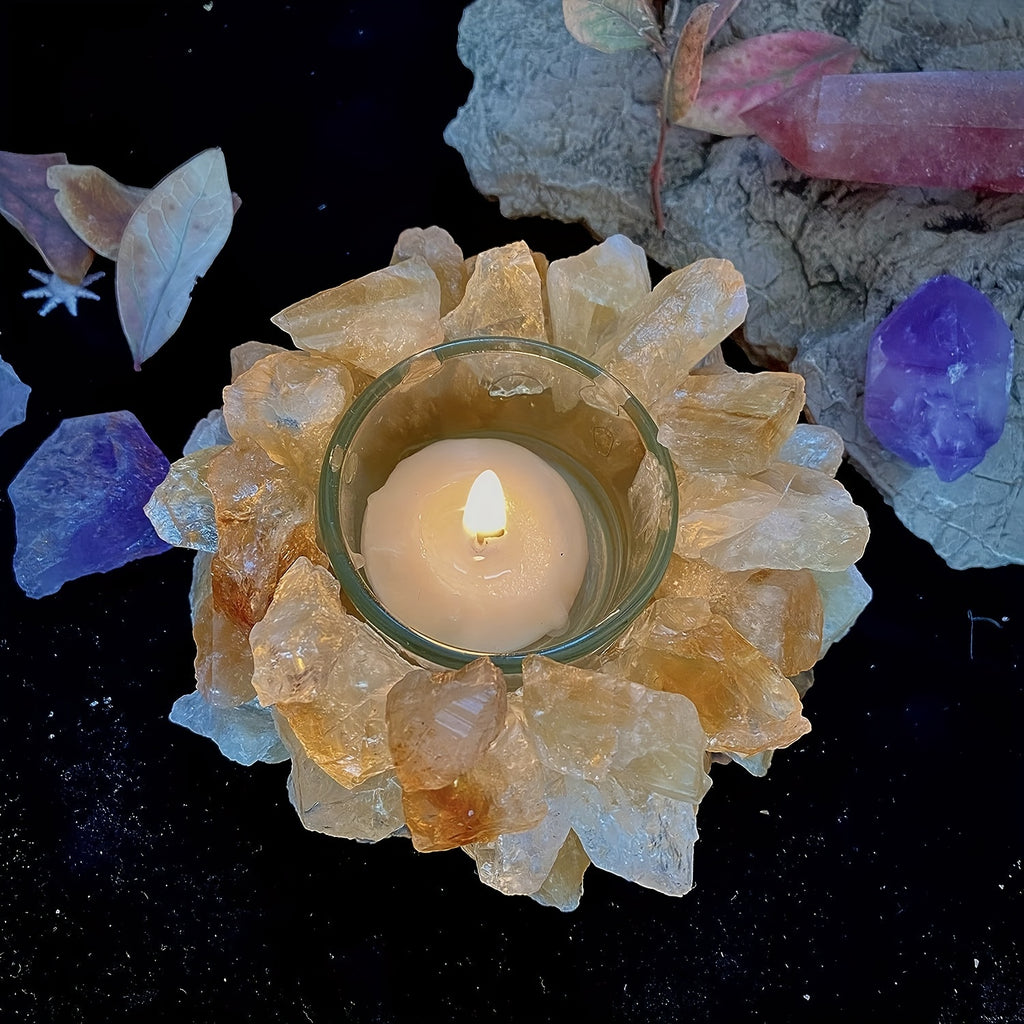 1pc Porte-Bougie Votive en Pierre Brute de Quartz Rose/ Fluorite Verte/ Citrine Porte-Bougie à Thé en Cristal de Quartz Décoration Maison