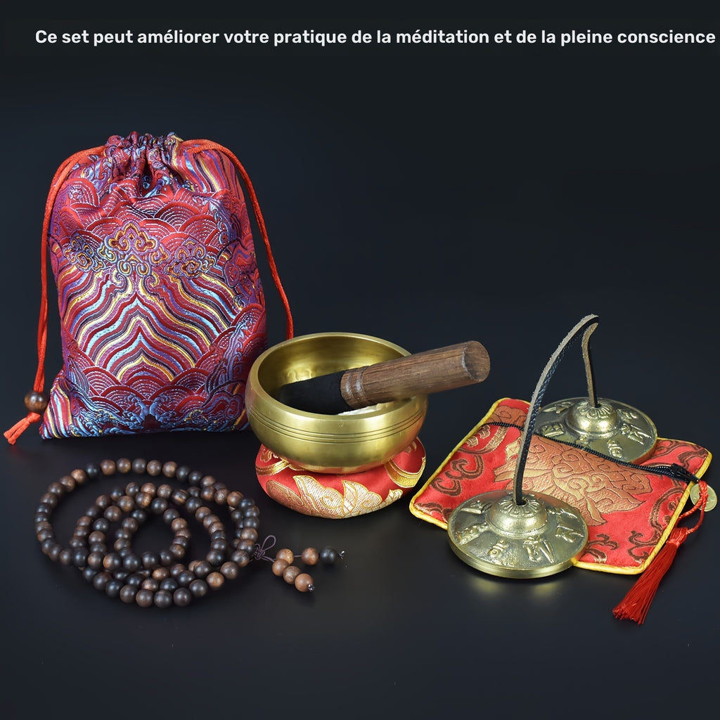 7pcs Ensemble de Méditation de Guérison Tibétaine - Bol de Chanter Rouge Fabriqué À La Main, Cymbales Tingsha, Perles Mala Et Maillet En Bois Pour Le Yoga, Le Soulagement Du Stress, L'équilibre Des Chakras Et La Pratique de La Conscience