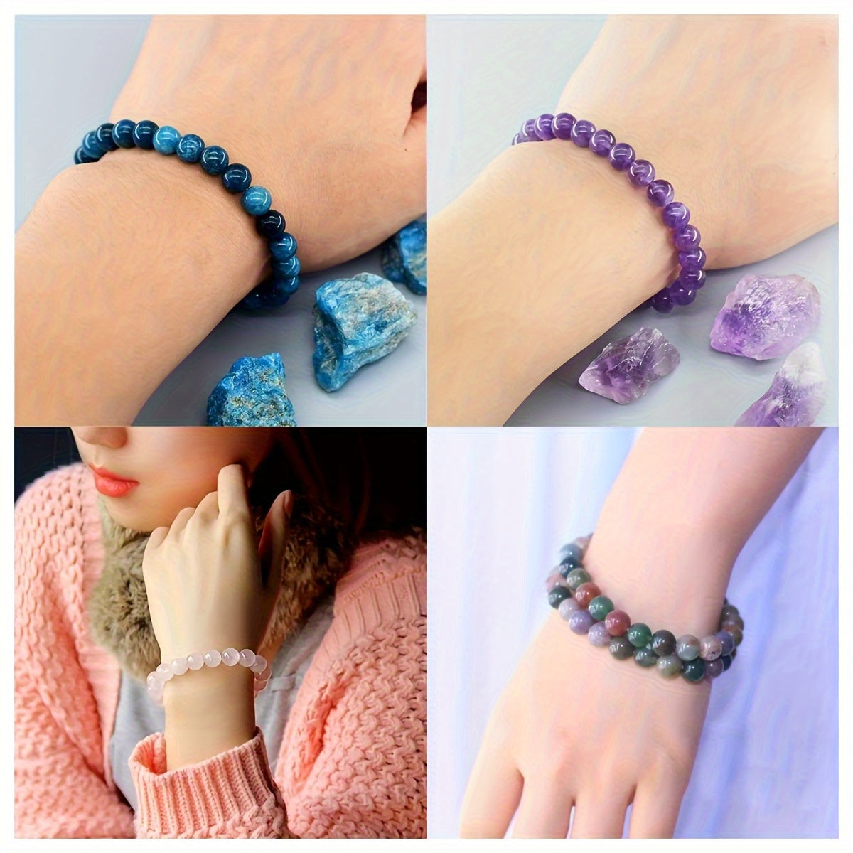 4pièces Ensemble de bracelets en pierre naturelle - Style bohème élégant avec de l'apatite bleue, de l'améthyste, du quartz rose et de l'agate indienne, parfait pour un usage quotidien ou comme cadeau, accessoire de tous les jours | Bracelet en pierre nat