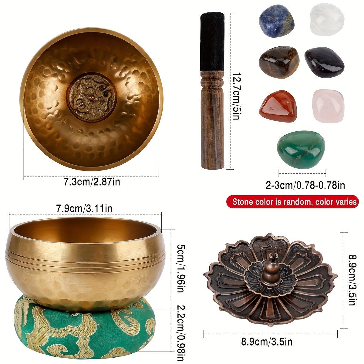 Bol chantant tibétain 8 cm avec maillet en bois, coussin, 7 pierres chakra, porte-encrier et sac, pour méditation, yoga et relaxation