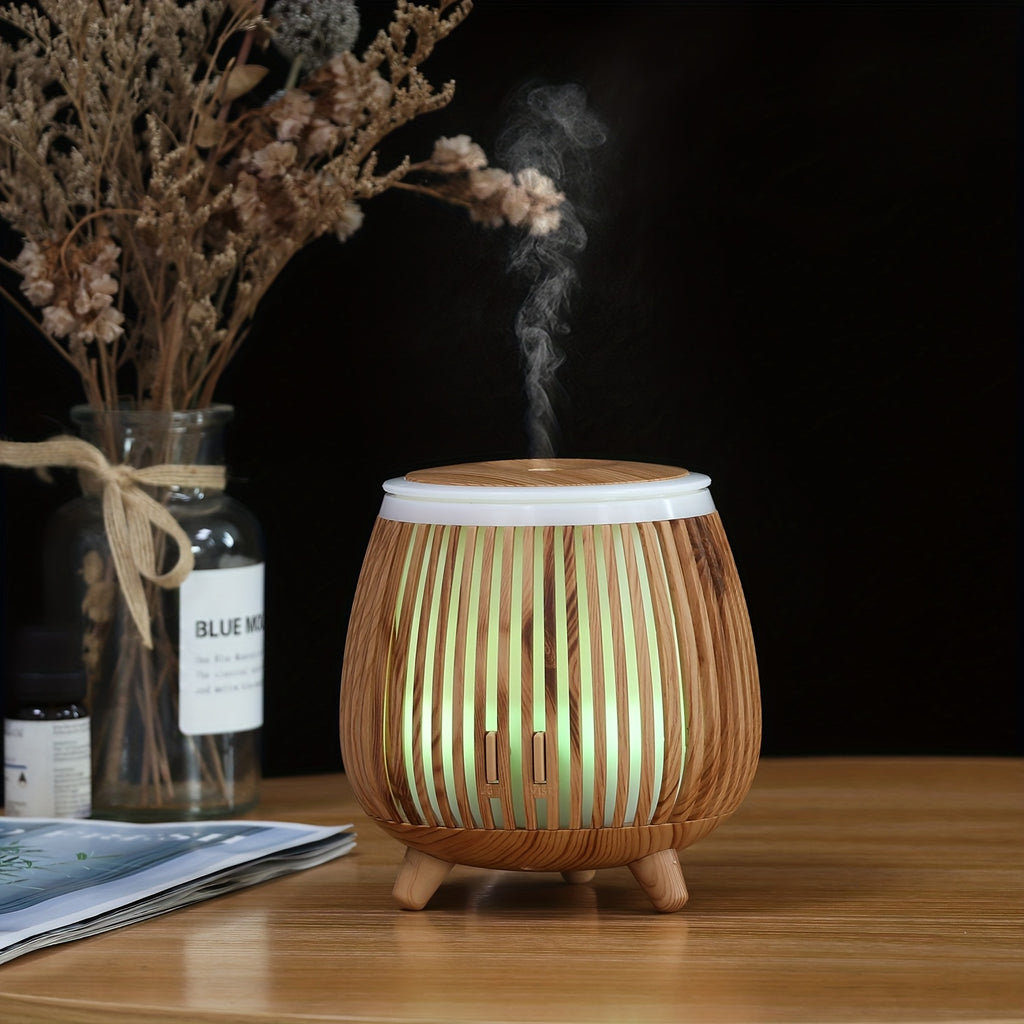 1pièce Diffuseur ultrasonique à grain de bois, diffuseur d'huiles essentielles ultrasonique, humidificateur ultrasonique, compatible avec les huiles essentielles, design créatif à grain de bois, minuterie, arrêt automatique sans eau, lumières LED colorées