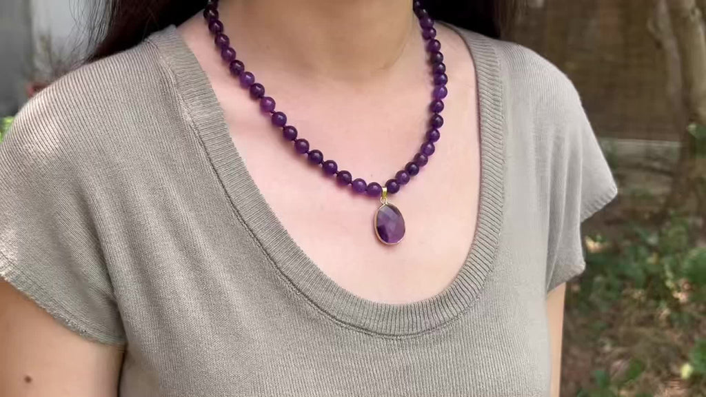 1pc Collier pendentif en améthyste naturel avec perles rondes - Style vintage bohème, bijoux en pierre violette pour femmes, cadeau quotidien idéal, collier bohème chic | Collier de style vintage | Perles en pierre naturelle, bijoux bohème