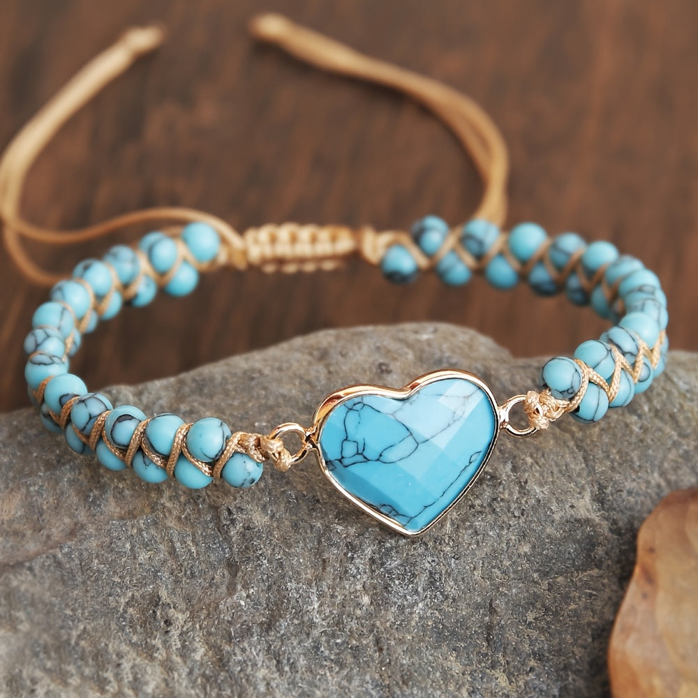 1pc Bracelet Bohème Tressé en Pierre de Turquoise Naturelle avec Pendentif Cœur Doré - Bijou Unisexe pour Femmes & Hommes, Port Quotidien et Vacances, Cadeau Unique pour Anniversaires, Fêtes