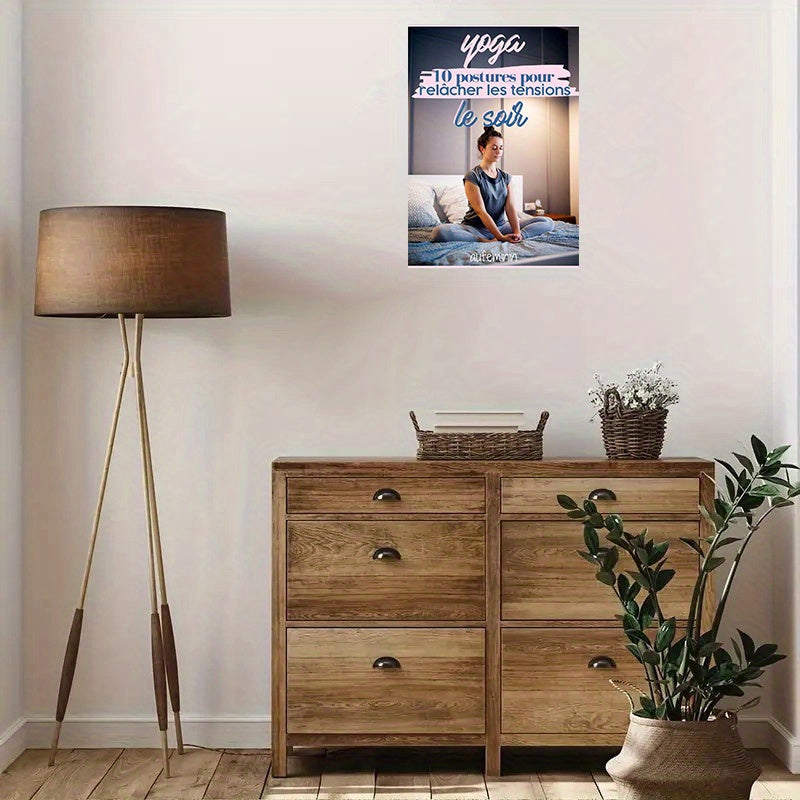 1pc Guide de Yoga en Langue Française - Impression sur Toile Sans Cadre - 12 Asanas (10 Poses) Illustrés - Tableau de Relaxation Nocturne avec Poses de Méditation Étape par Étape pour Pratique au Bord du Lit - Livret de Routine de Yoga Français (Format A4