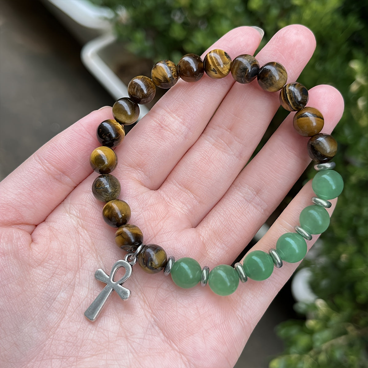 Bracelet Ankh - La Clé de Vie Perles en Pierre Naturelle, 8mm Rondes Œil de Tigre & Aventurine Verte Fait Main, Bijoux Bohème Olive Marron & Vert pour Hommes & Femmes, Symbole de Vie Éternelle et Prospérité Porte-Bonheur, Accessoires Unisexes, Style Vinta