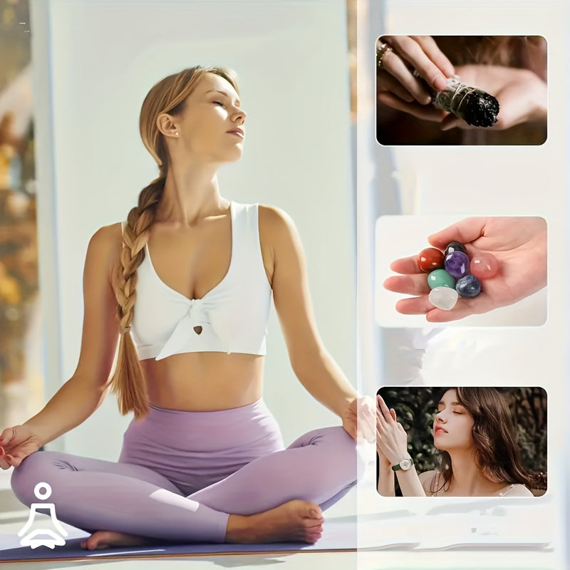 Kit de Purification à la Sauge, 5 Bâtons d'Encens de Sauge Blanche, 2 Pièces de Bois Sacré, 7 Pierres Synthétiques Colorées des Chakras | Essentiels Rituels Artisanaux, Collection Cadeau de Luxe