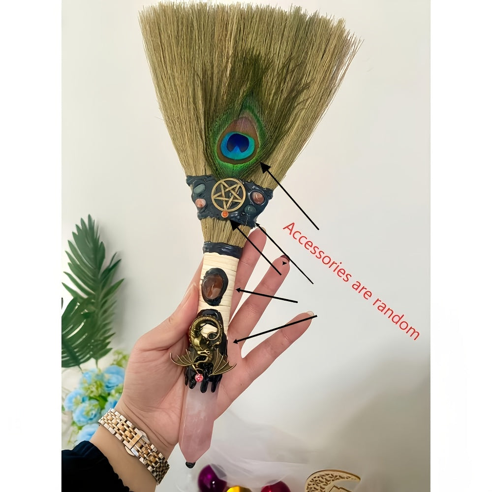 1pc Colonne Hexagonale en Cristal Balai Magique de l'Amour - Quartz Transparent avec Pentagramme/Pentacle et Embout à Plume pour Sorcellerie, Méditation, Brosseur, Cadeau DIY (Doré/Noir) - Spirituel