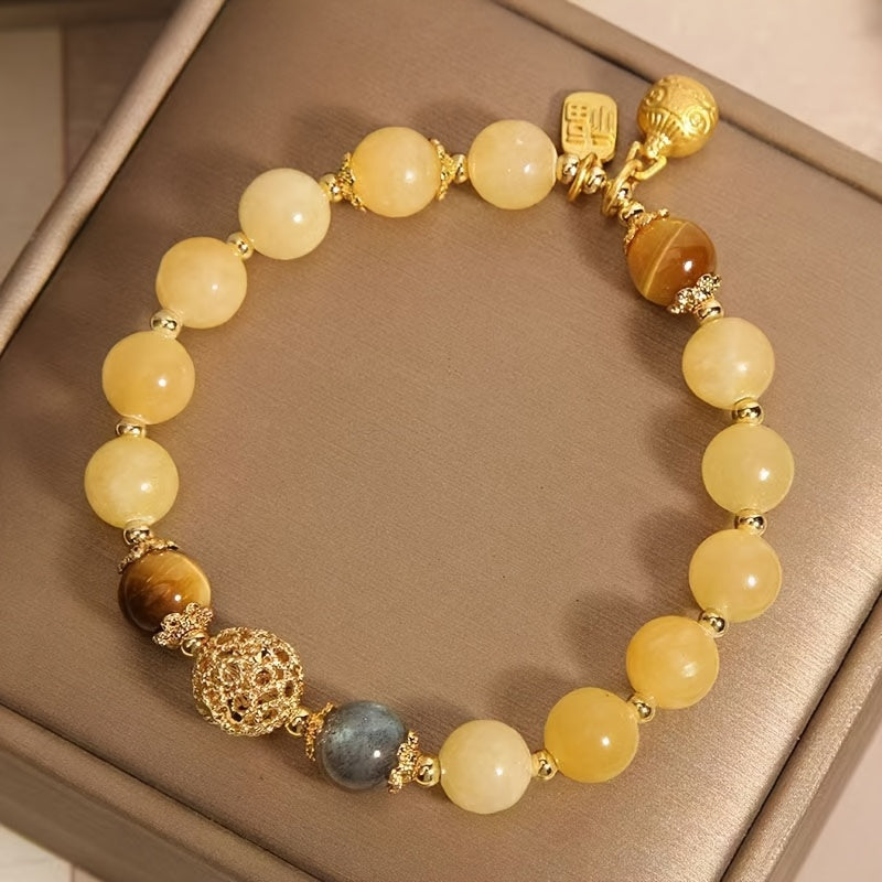 Bracelet en Perles de Citrine Naturelle avec Charme Doré - Style Bohème, Idéal pour Tenue Décontractée et Cadeaux