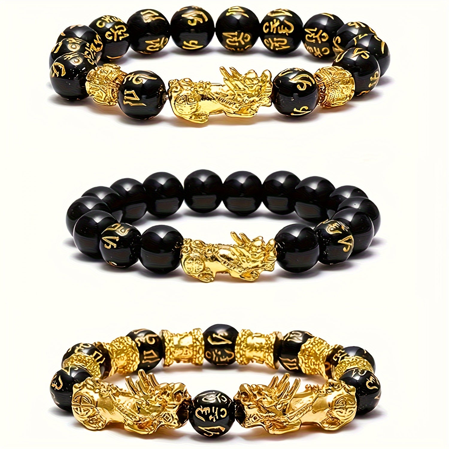 Ensemble de trois bracelets en perles Pixiu Feng Shui pour hommes, un talisman de chance pour les hommes, et un bracelet en perles orné de dragon naturel pour les femmes, conçu pour attirer la richesse et la prospérité.