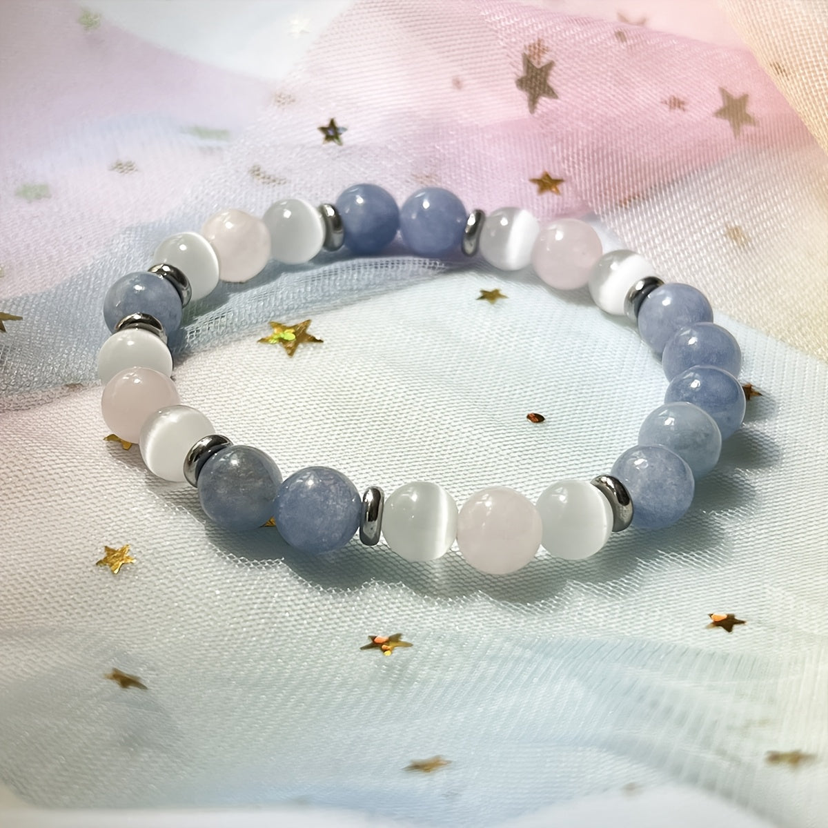Bracelet Reiki 8mm en Pierre Naturelle - Perles rondes en Aigue-marine, Quartz Rose et Sélénite - Bijou Bohème pour la Paix Intérieure, l'Amour et le Courage - Accessoire de Mode Féminin - Cadeau de Fête, Saint-Valentin ou Fête des Mères
