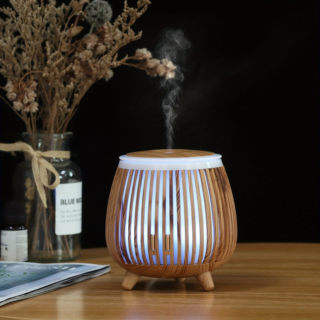 1pièce Diffuseur ultrasonique à grain de bois, diffuseur d'huiles essentielles ultrasonique, humidificateur ultrasonique, compatible avec les huiles essentielles, design créatif à grain de bois, minuterie, arrêt automatique sans eau, lumières LED colorées