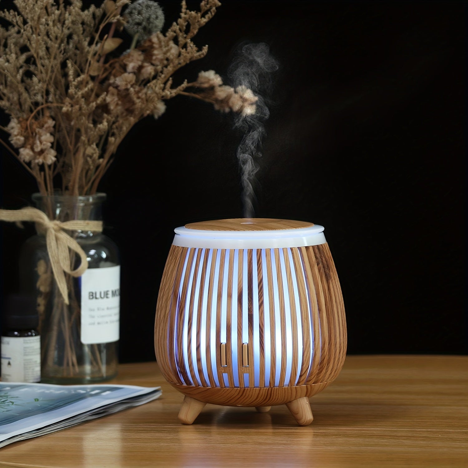 1pièce Diffuseur ultrasonique à grain de bois, diffuseur d'huiles essentielles ultrasonique, humidificateur ultrasonique, compatible avec les huiles essentielles, design créatif à grain de bois, minuterie, arrêt automatique sans eau, lumières LED colorées