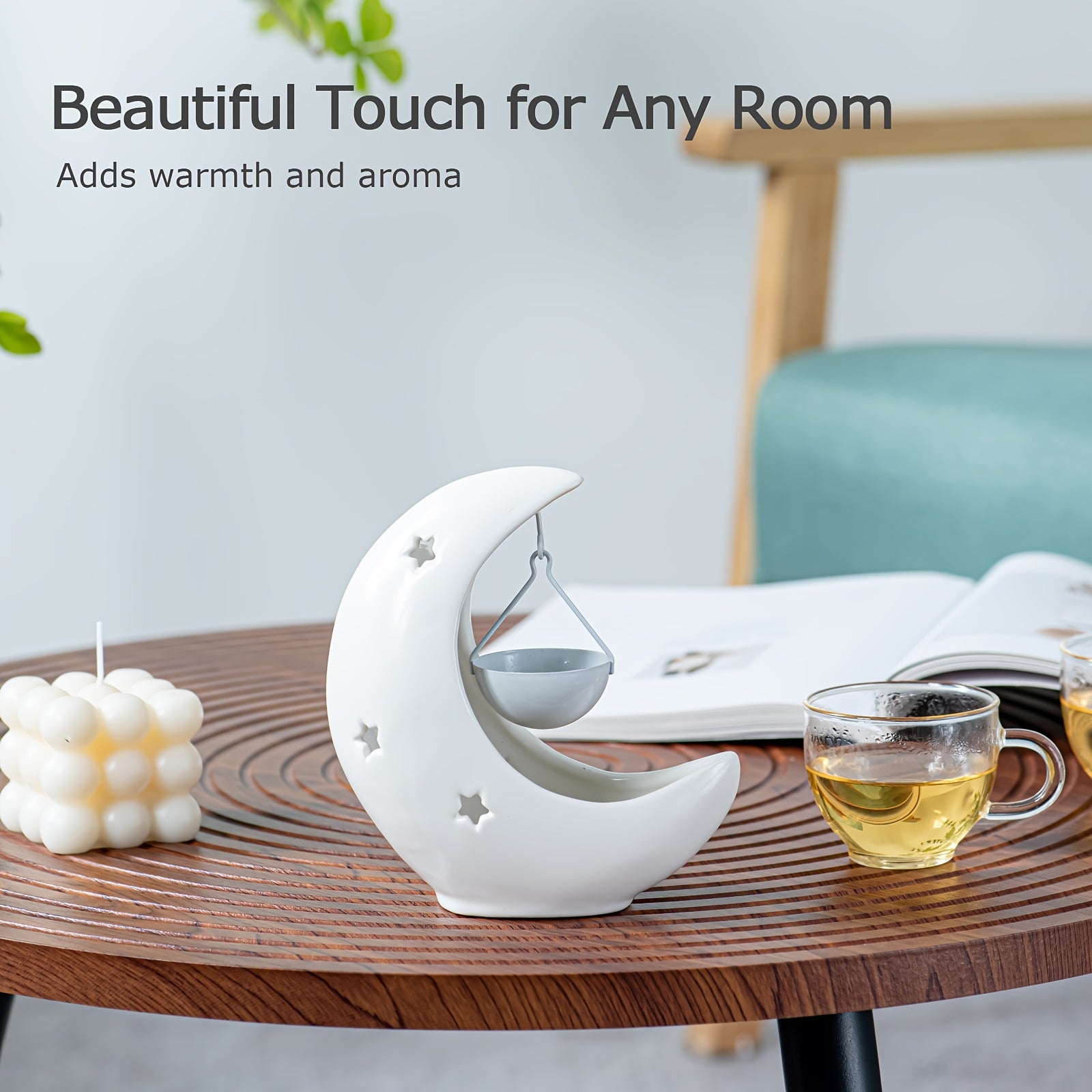 Porte-bougie en céramique étoile et lune - Brûleur d'huiles essentielles - Décoration d'intérieur style arabe - Idéal pour cadeau de l'Aïd