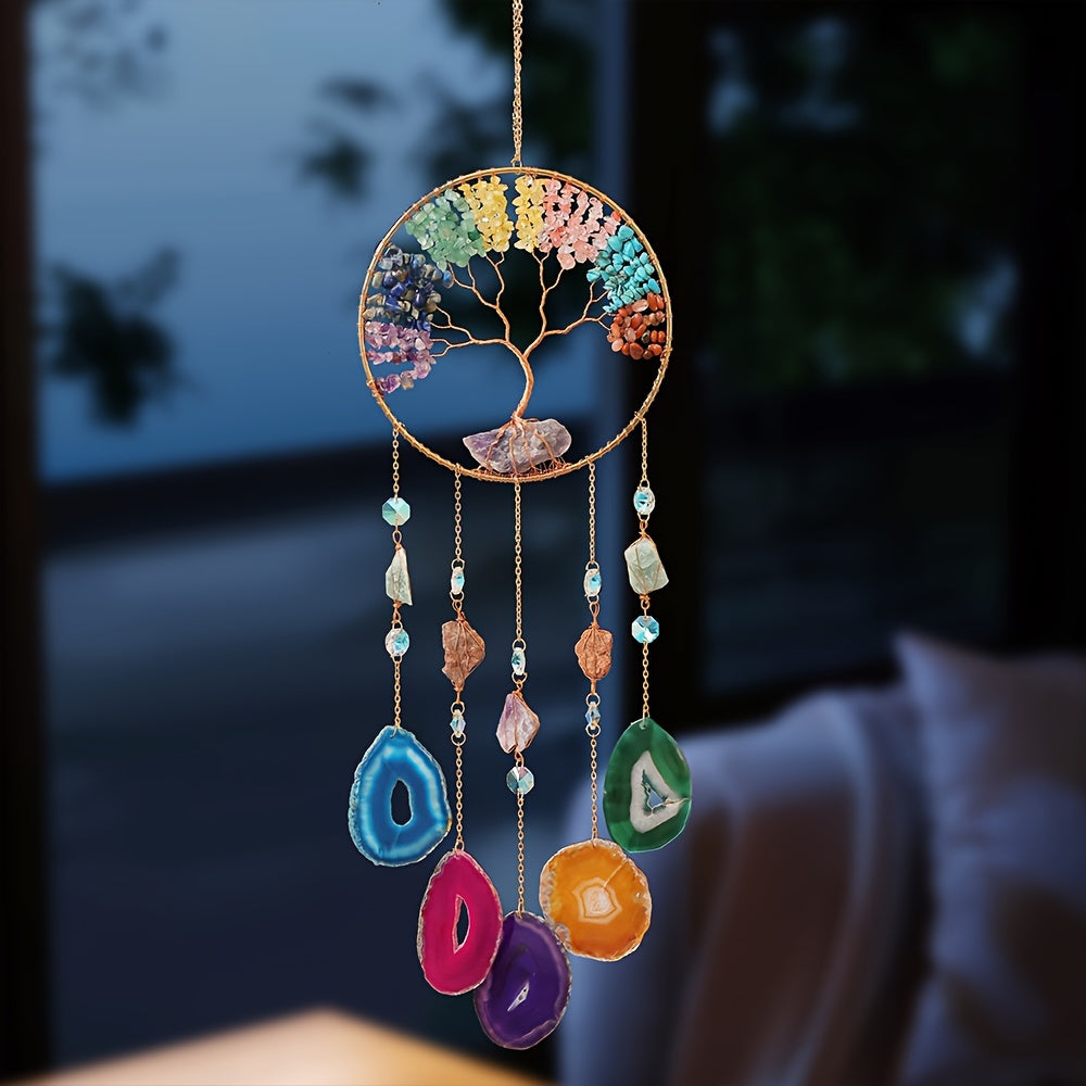 1 pièce Attrape-Rêves Artisanal Arbre de Vie Décoration Murale Ornement pour Maison avec Pierre de Cristal pour Décoration Boho Maison Jardin