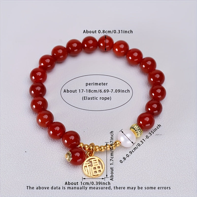 Bracelet de perles d'agate naturelle élégante pour femmes avec perles d'eau douce - Perles d'agate rouge 8 mm, espaces et accents dorés, bijoux faits à la main pour tenue décontractée, boîte-cadeau incluse, variations naturelles uniques, accessoire quotid